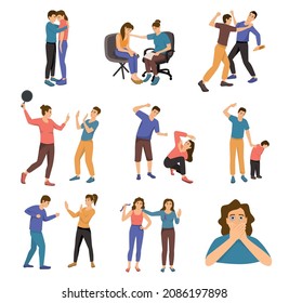 Domestic violence flat set of isolated icons with human characters of aggressive partners in crime scenes vector illustration