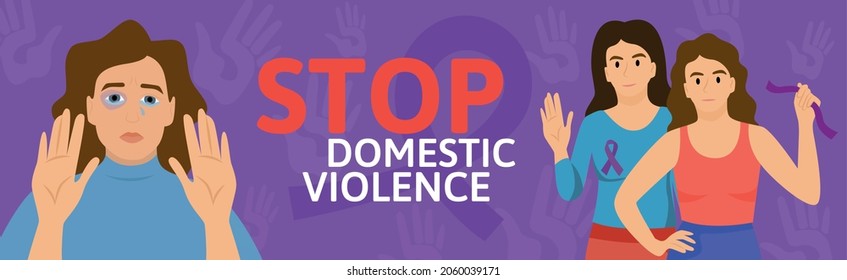 Domestic violence horizontal composition with flat characters of battered women editable text and slihouette ribbon sign vector illustration