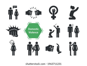 Domestic Violence Icons Set. Domestic Abuse Icons. Set of Family Violence and Discrimination Woman. Humiliation, Conflict, Quarrel and Hate concept. Vector illustration.