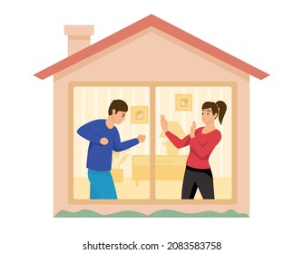 Domestic violence in isolation flat composition with image of house with character of husband beating wife vector illustration