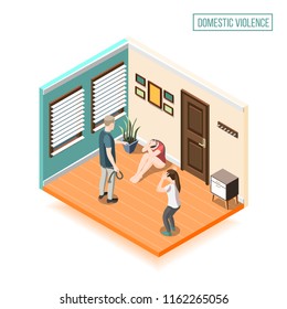 Domestic violence isometric composition with man child and woman closed by hands for self defense vector illustration