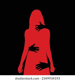 Domestic violence oppression woman red with black background illustration.