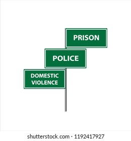 Domestic Violence Police Prison Against Abuse Concept Green Traffic Road Sign Illustration