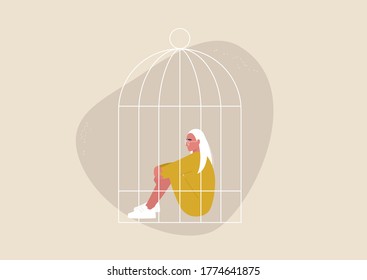 Domestic violence, quarantine lock down, depression and despair, young female character sitting inside a birdcage, sexism