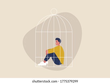 Domestic violence, quarantine lock down, depression and despair, young male character sitting inside a birdcage