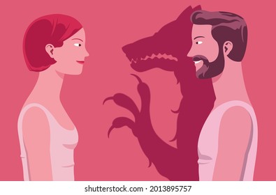 Domestic violence represented by a young couple where the man pretends kindness but casts the shadow of an aggressive beast. Violence against woman.