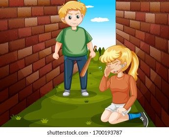 Domestic violence scene with angry man beating up a girl illustration