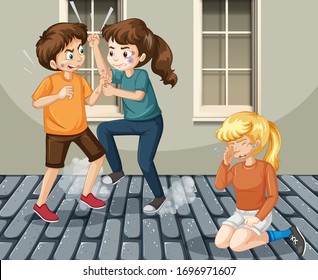 Domestic violence scene with people fighting on the street illustration