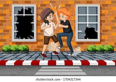 Domestic violence scene with people fighting on the sidewalk illustration