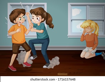 Domestic violence scene with people fighting at home illustration