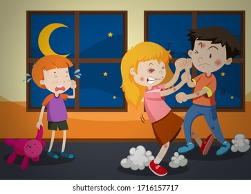 Domestic violence scene with people fighting at home illustration