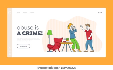 Domestic Violence and Spousal Abuse Landing Page Template. Young Family Quarrel and Swear in Living Room. Aggressive Man Yell on Woman. Husband and Wife Scandal. Linear People Vector Illustration