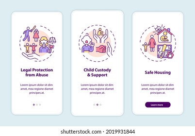 Domestic violence survivors support onboarding mobile app page screen with concepts. Abuse walkthrough 3 steps graphic instructions. UI, UX, GUI vector template with linear color illustrations