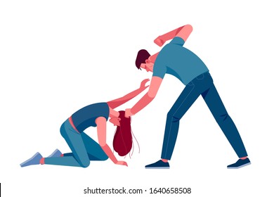 Domestic violence vector illustration Man beating up his wife. Woman in fear of domestic abuse. Flat style isolated on white background.