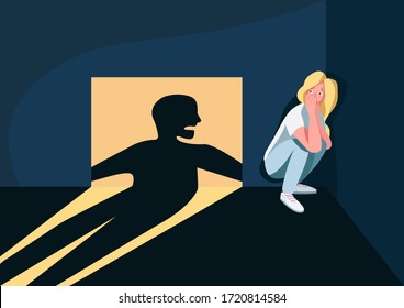 Domestic violence victim flat color vector illustration. Frightened woman hiding in corner 2D cartoon character with angry man shadow on background. Physical and psychological abuse in family