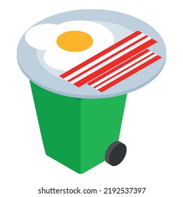 Domestic Waste Icon Isometric Vector. Plate With Breakfast On Plastic Bin Icon. Household Waste, Sorting And Recycle Garbage