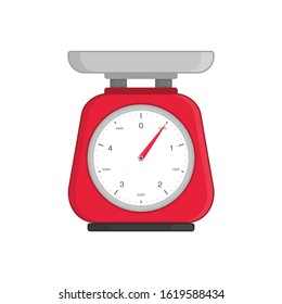 Domestic Weigh scale icon in flat style. Mechanical ancient scales for products and food. Weighing Scales with pan and dial for weight measurement. Vector illustration EPS 10.