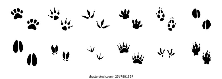 Domestic and wild animal footprints collection. Vector isolation prints of bird and fauna creations paws. Wildlife foot icons, pets footsteps silhouette. Livestock footmarks set in grunge style