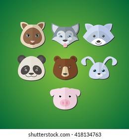 domestic and wild animals icons set. Vector isolated illustration of cat, wolf, raccoon, panda, bear, rabbit and pig.

 