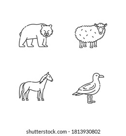 Domestic and wild animals pixel perfect linear icons set. Bear, seagull, horse and sheep customizable thin line contour symbols. Isolated vector outline illustrations. Editable stroke