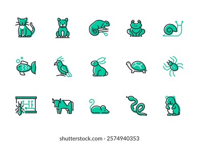 Domestic and wild animals - set of line design style icons