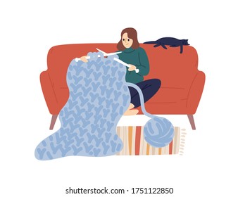 Domestic woman knit hold knitting needles and clew of thick yarn vector flat illustration. Creative female enjoying handmade hobby sit on comfy sofa isolated on white. Joyful lady use merino wool