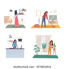 Domestic women affairs. Young adult girl cleans house, wipes dust, vacuums carpet, prepares food and water flowers. Female character in room interior, housekeeping activity vector concept