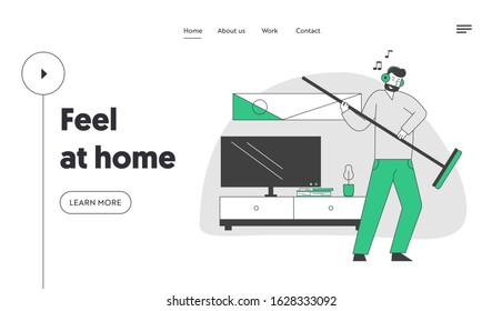 Domestic Work Website Landing Page. Man in Headset Listening Music and Dancing with Broom as it is Electric Guitar while Cleaning Home Room Web Page Banner. Cartoon Flat Vector Illustration, Line Art