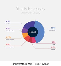 Domestic yearly expenses breakdown chart on white isolated background vector and illustration