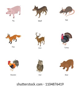 Domesticated animal icons set. Isometric set of 9 domesticated animal vector icons for web isolated on white background