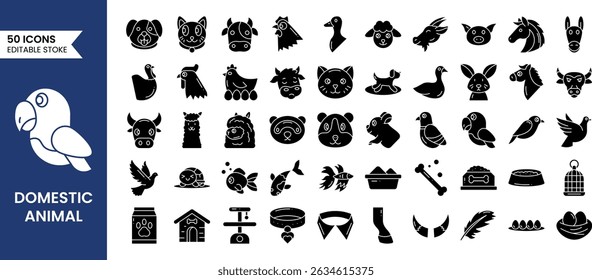 Domesticated animals icon set. Vector solid icons collection. Vector illustration