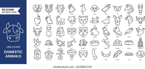 Domesticated animals line editable icon set. Vector illustration