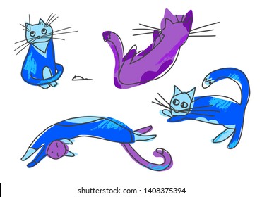 Domestics cats set isolated on white background. Vector different kittens collection.