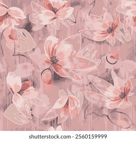 The dominant colors are shades of pink and lilac, highlighting delicate petals. This composition is presented in an artistic manner, emphasizing the beauty of nature through its intricate design.