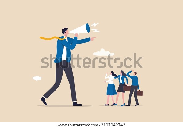 Dominant leader, bossy manager using authority\
power to order and control employee to work, contrast and conflict\
management concept, giant businessman manager using megaphone to\
order employee.