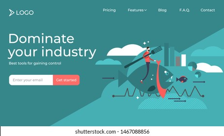 Dominate your industry and beat the competition flat vector illustration sales and marketing landing page template design. Rising as industry leader and owning market share. Online growth strategy.