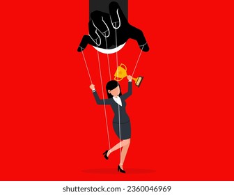 Domination or manipulate by control puppet doll, marionette or exploitation. Businesswoman marionette on ropes controlled hand.