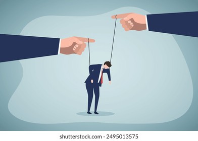 Domination or manipulate by control puppet doll, marionette or exploitation, authority or boss micro management, dictator or slave concept, Different business directions or team conflict.