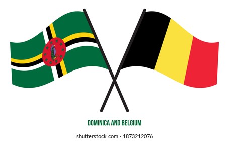 Dominica and Belgium Flags Crossed And Waving Flat Style. Official Proportion. Correct Colors.