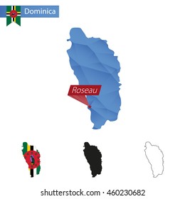 Dominica blue Low Poly map with capital Roseau, versions with flag, black and outline. Vector Illustration.