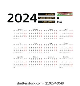 Dominica Calendar 2024. Week starts from Monday. Vector graphic design. English language.
