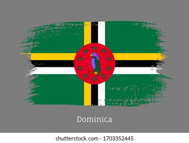 Dominica caribbean islands official flag in shape of paintbrush stroke. National identity symbol for patriotic design. Grunge brush blot isolated vector illustration. Dominica country nationality sign