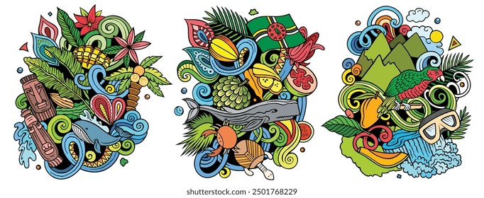 Dominica cartoon vector doodle designs set. Colorful detailed compositions with lot of Dominican objects and symbols. Isolated on white illustrations