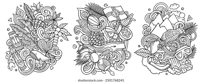 Dominica Cartoon Vektor Doodle Designs Set. Line Art detaillierte Kompositionen mit vielen dominikanischen Objekten und Symbolen