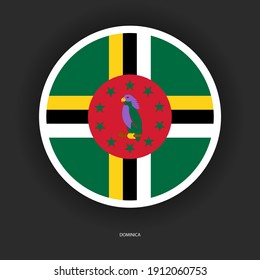 Dominica circle flag with white border on barely dark background. Dominica is a mountainous Caribbean island nation with natural hot springs and tropical rainforests.