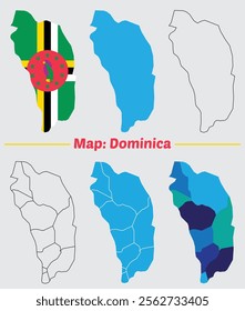 Dominica country map set. internal provinces borders marked, Simple map of Dominica vector drawing, Filled and outline.