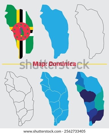 Dominica country map set. internal provinces borders marked, Simple map of Dominica vector drawing, Filled and outline.