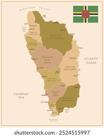 Dominica - detailed map of the country in brown colors, divided into regions. Vector illustration