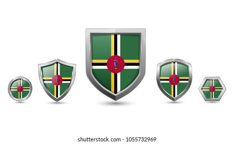 Dominica flag badges silver shape shield, circle and hexagon stock vector image