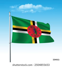 Dominica flag flying on blue sky, vector illustation.